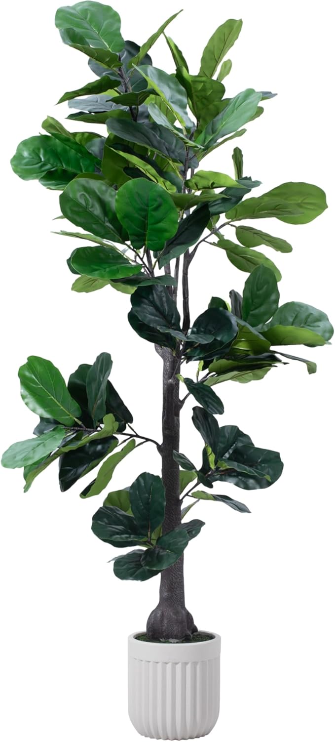 Artificial Fiddle Leaf Fig Tree, 7FT Fake Ficus lyrata Silk Trees with White Tall Planter