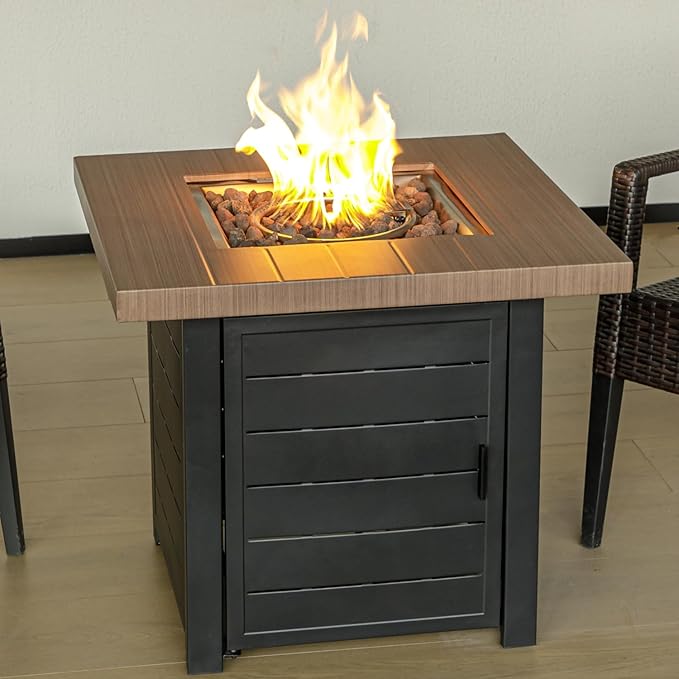 28 Inch Propane Fire Pit Table, Outdoor Gas Fire Pits with Lid & Lava Rock