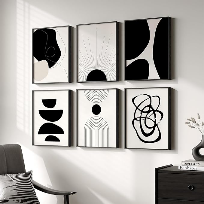 Framed Black and White Abstract Wall Art, 6 Pieces Modern Prints Paintings Artwork