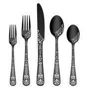 40 Pieces Silverware Set for 8, Stainless Steel Black Flatware Set with Unique Floral Laser