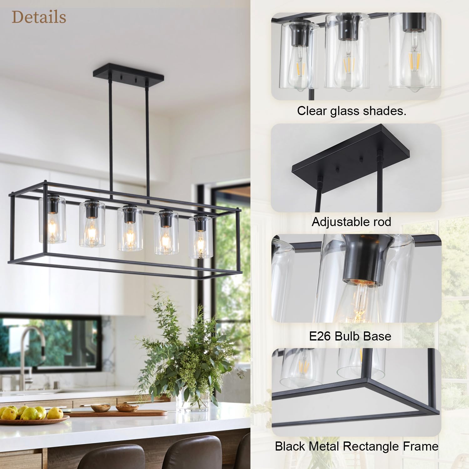 Dining Room Light Fixture Chandelier Over Table,5-Light Kitchen Island Lighting Hanging