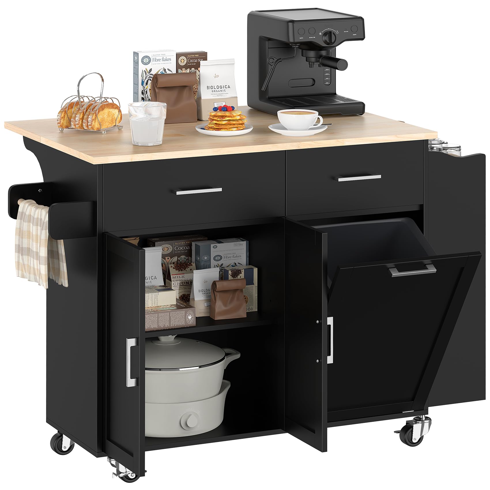 Bigbiglife Rolling Kitchen Island with 2 Drawers, Island Table for Kitchen with Drop Leaf, Kitchen Island Cart with Trash Storage Cabinet, Mobile Buffet Cabinet for Kitchen, Dining Room, Living Room