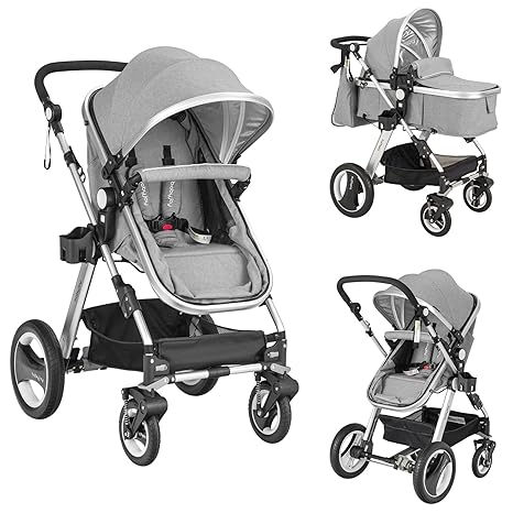 Baby Stroller, 2-in-1 Convertible Bassinet Reclining Stroller, Foldable Pram Carriage