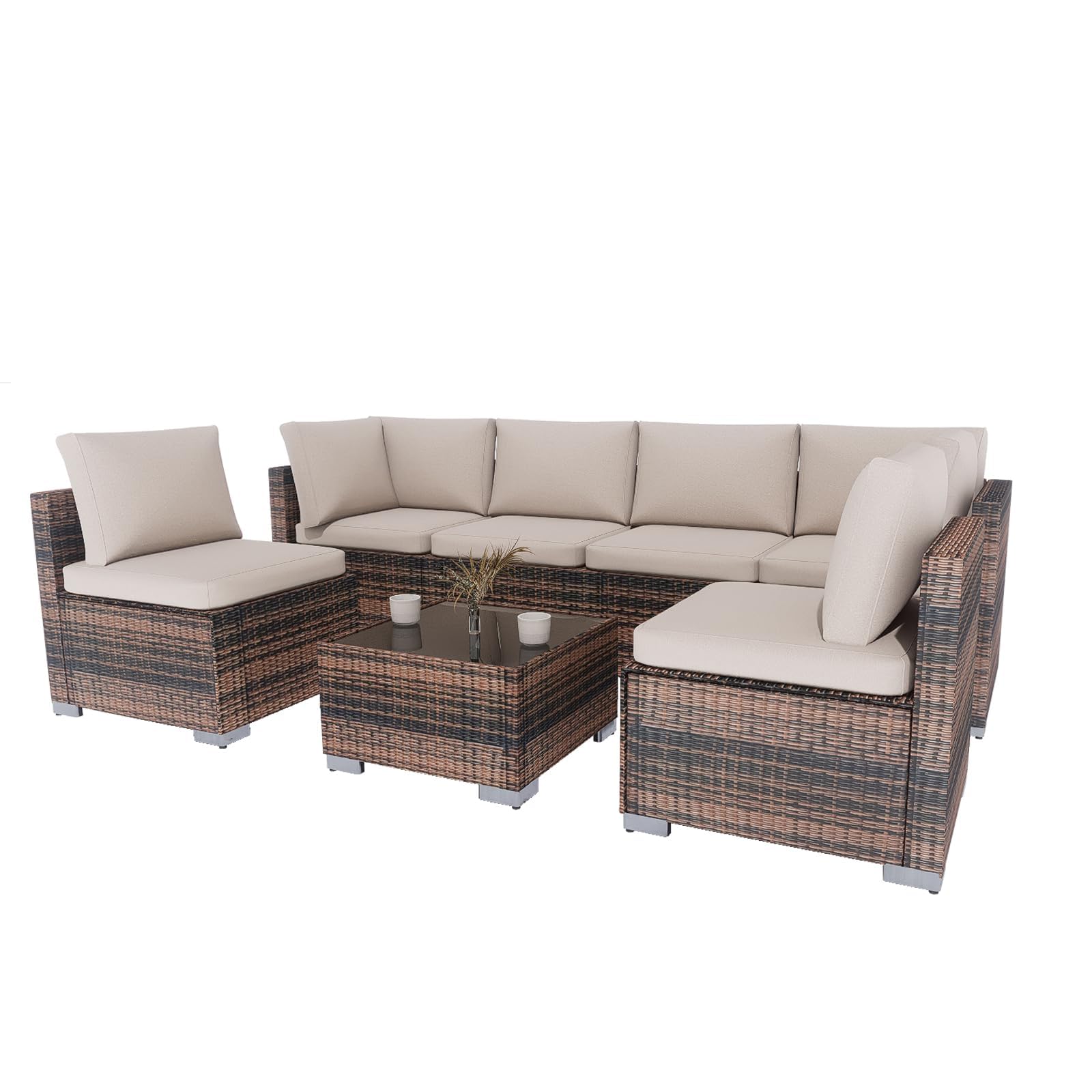 7 Piece Outdoor Patio Sectional Sofa Set, All-Weather Wicker Patio Furniture Set