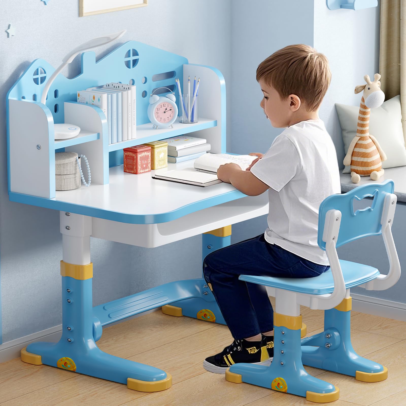 Kids Desk and Chair Set, Height Adjustable Child's School Study Writing