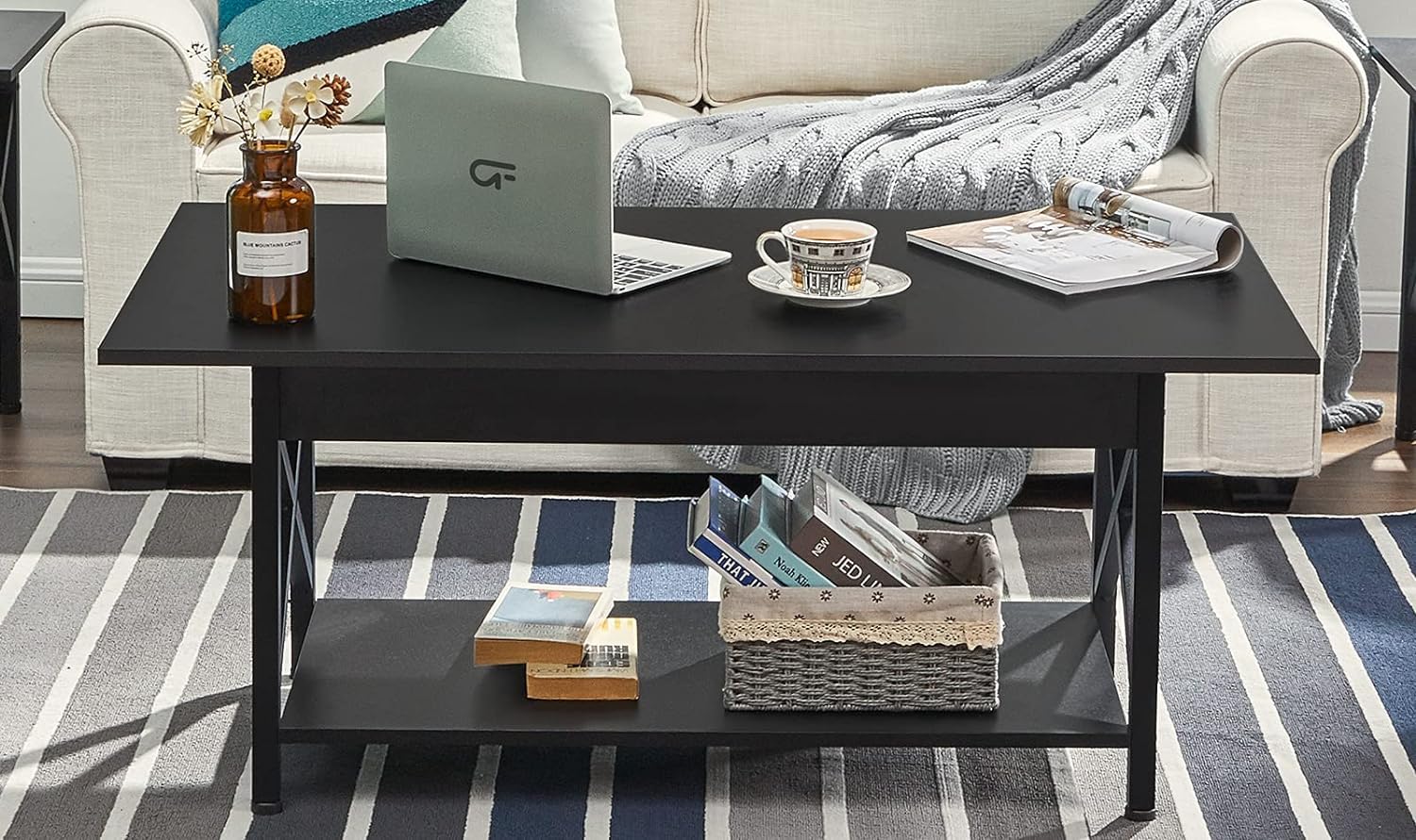 Black Coffee Table with Storage Shelf 39 inch