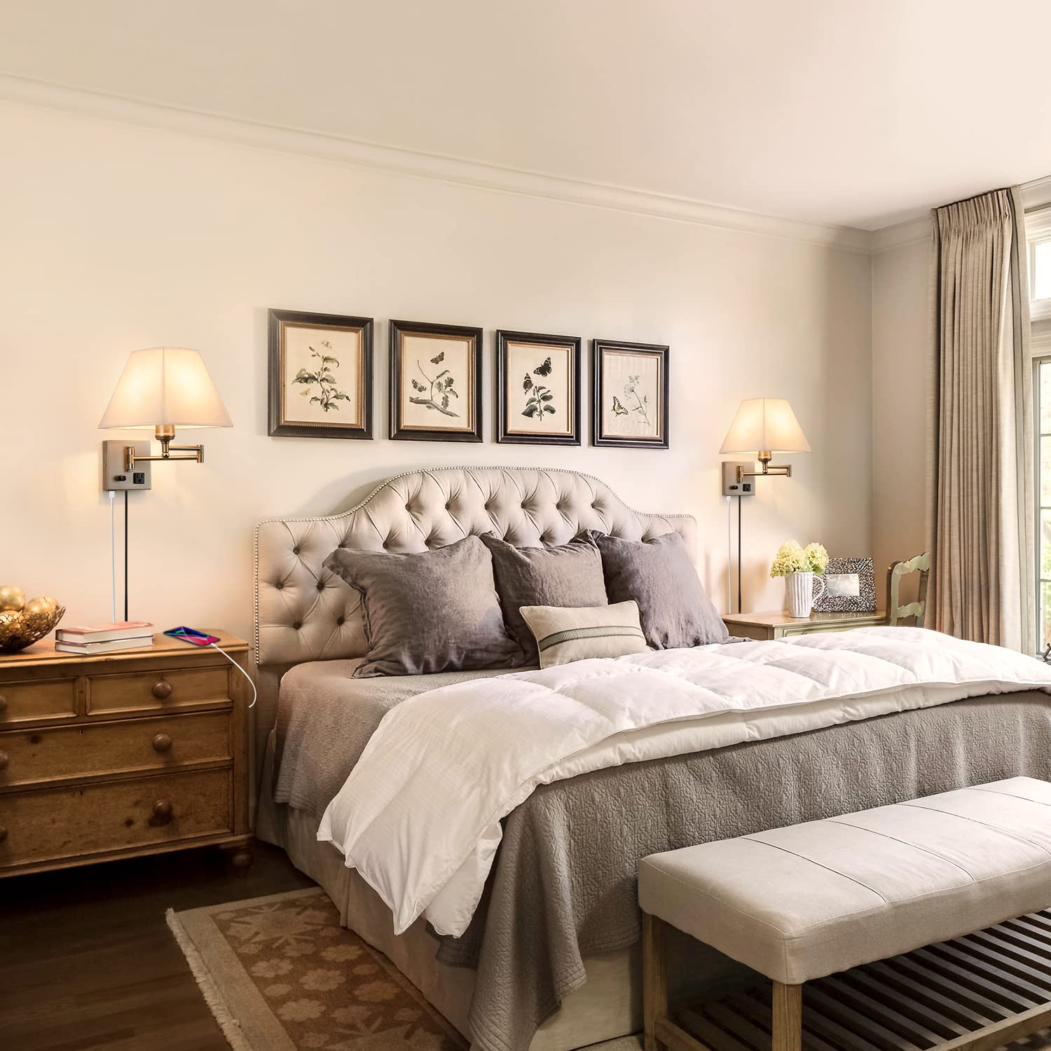 Plug in Wall Light,Swing Arm Wall Sconces with USB Port and Outlet