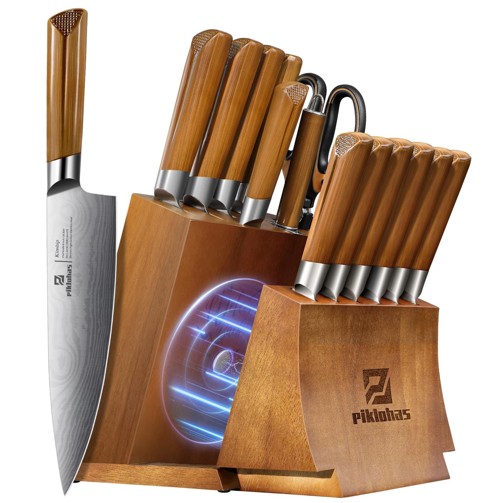Kitchen Knife Sets With Block, Piklohas 15 Pieces Knife Sets