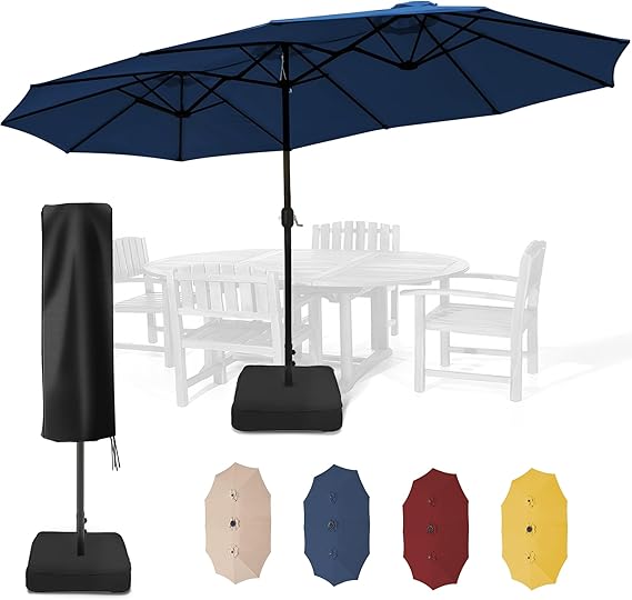 15 ft Patio Umbrella with Sand Bag Base and Cover, Large Outdoor Double-Sided Umbrella