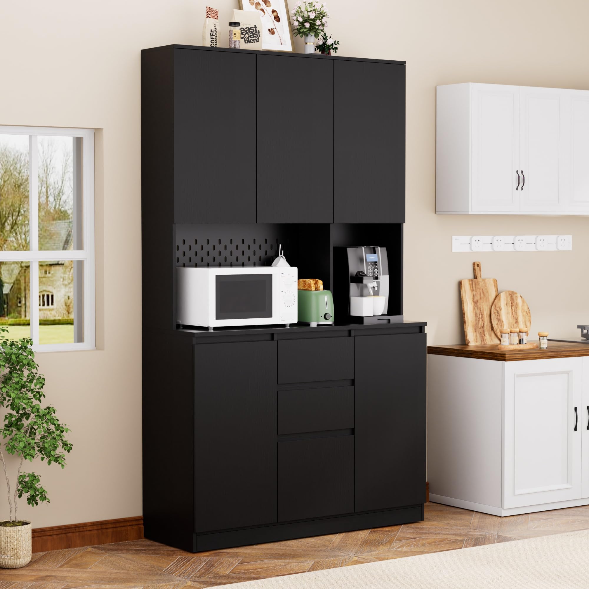 74” Pantry Cabinet with Power Outlet, Kitchen Hutch with Storage & Microwave