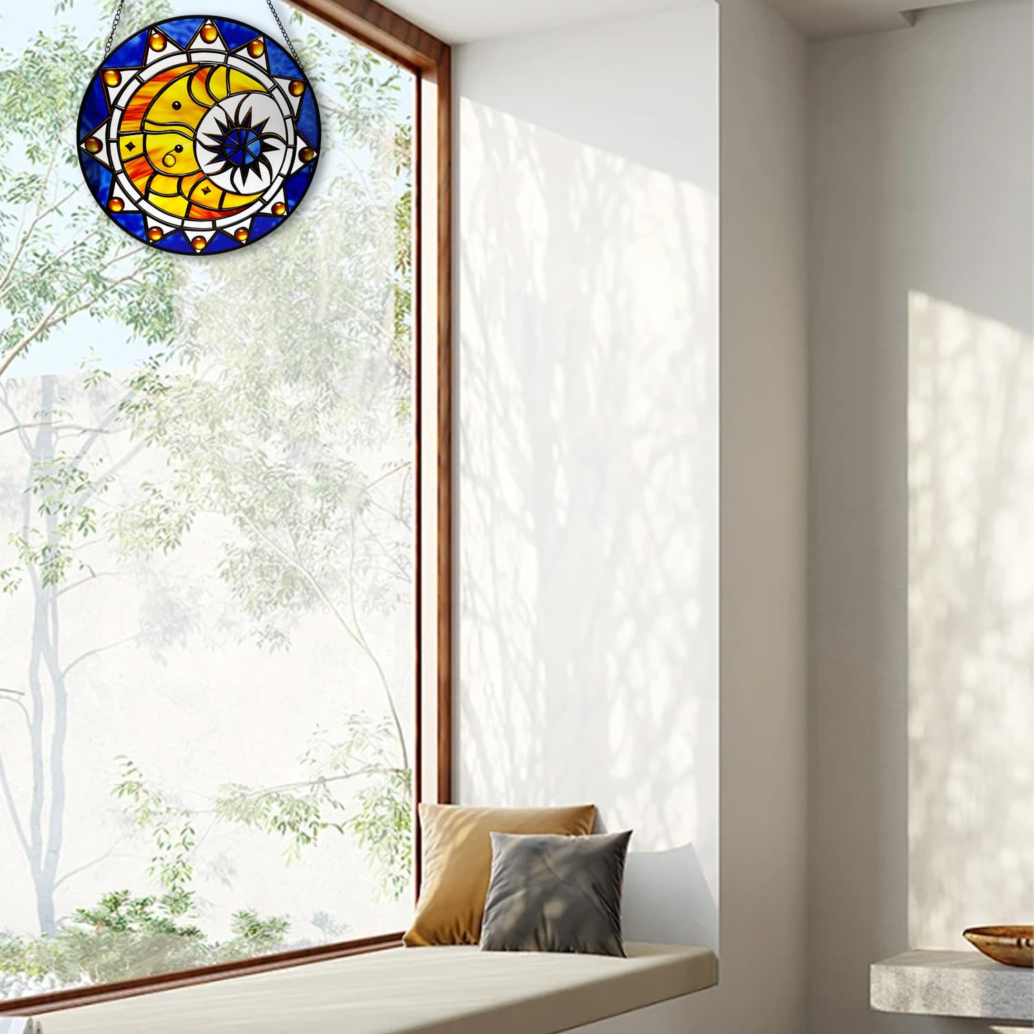 9.84'' Moon Stained Glass Window Hanging, 1 Pc Crescent Sun Stained Glass Panel