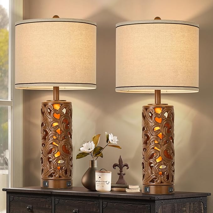 Dimmable Touch Control Table Lamp with USB A+C Ports, Vintage Washed