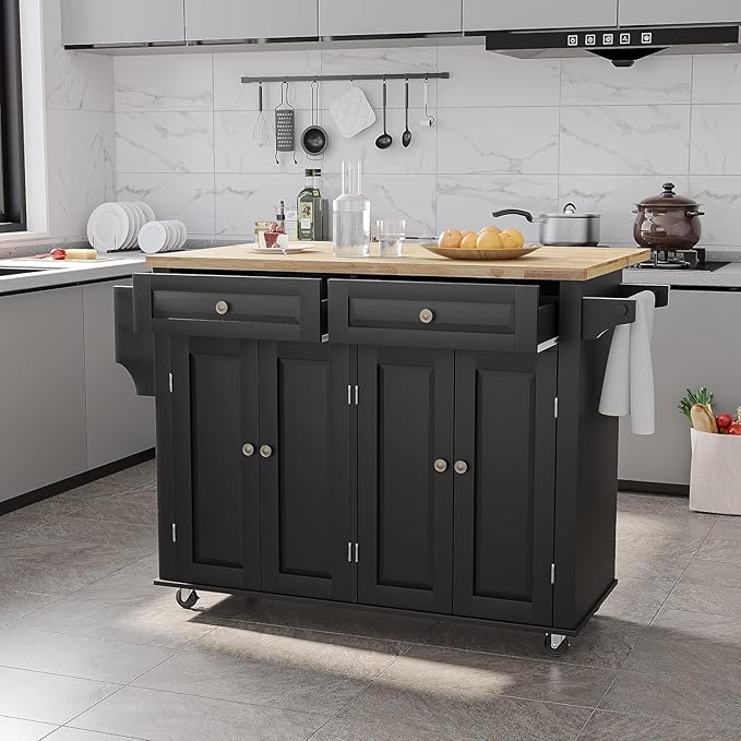 55" Kitchen Cart with Wood Top and Drop Leaf Breakfast Bar
