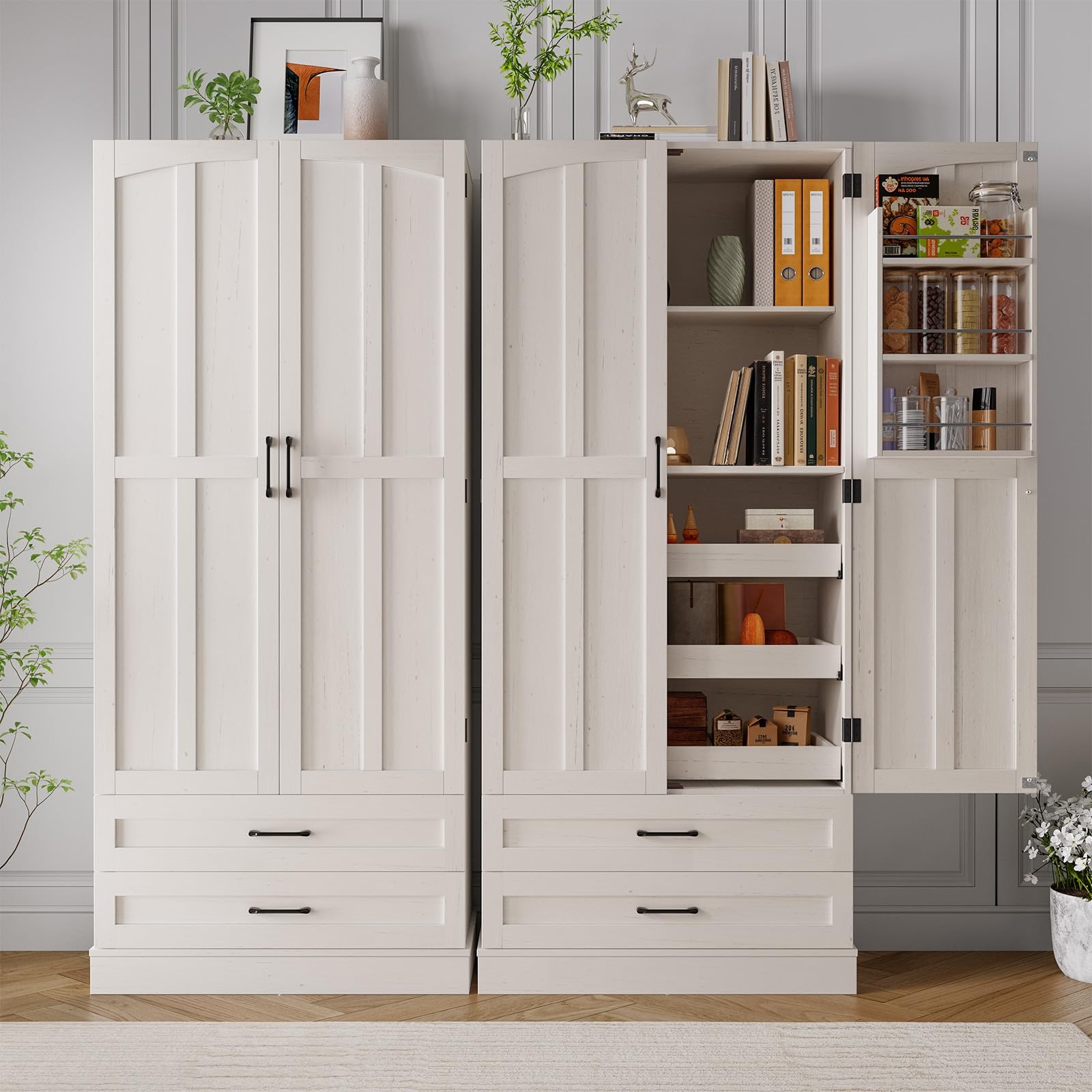 71" Tall Farmhouse Kitchen Pantry Cabinet with 3 Pull Out Shelves & 2 Large Drawers