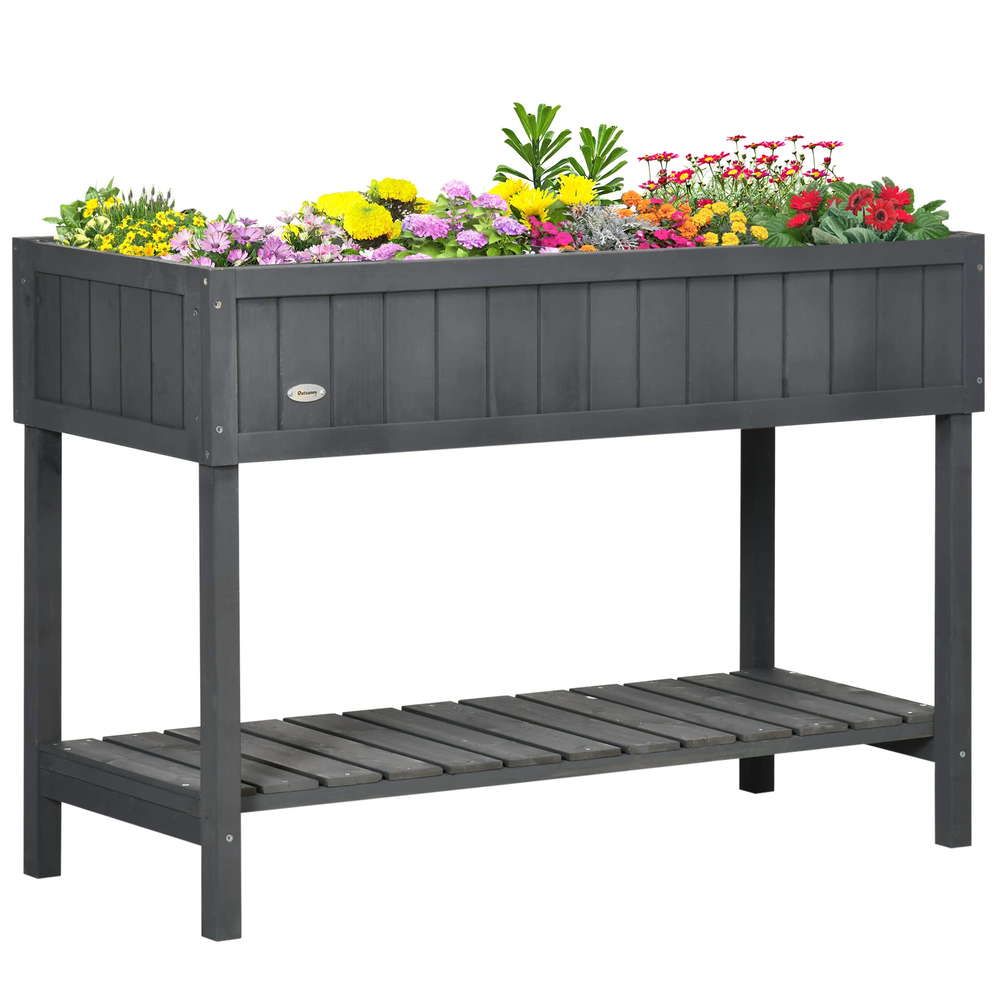 43x18x30in Raised Garden Bed with 8 Pockets and Shelf, Wooden Elevated Planter