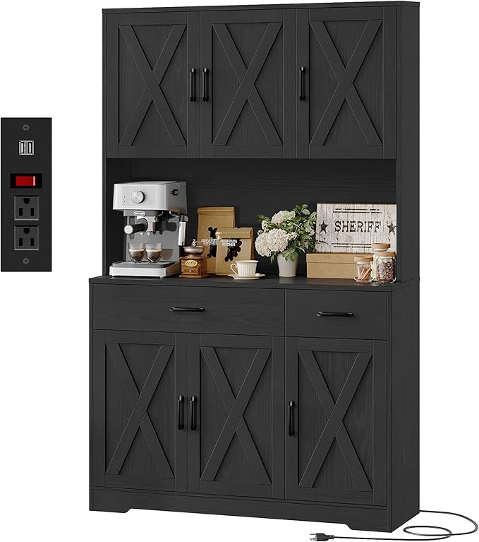 Cabinet with Charging Station, Tall Kitchen Pantry Storage Cabinet with Microwave