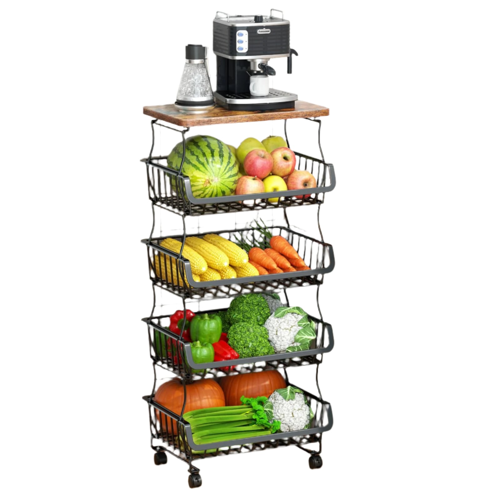 Kitchen, 5 Tier Stackable Fruit Vegetable Storage Baskets with Wheels, Metal Wire
