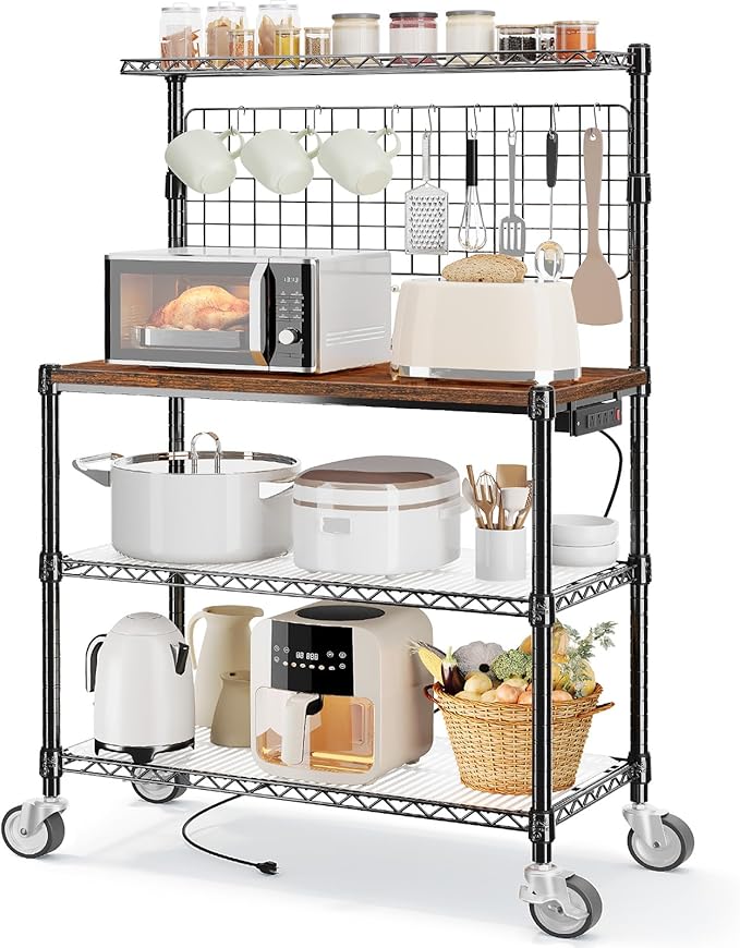 Bakers Rack with Power Outlet & Storage, 36 Inch Microwave Stand Kitchen Cart
