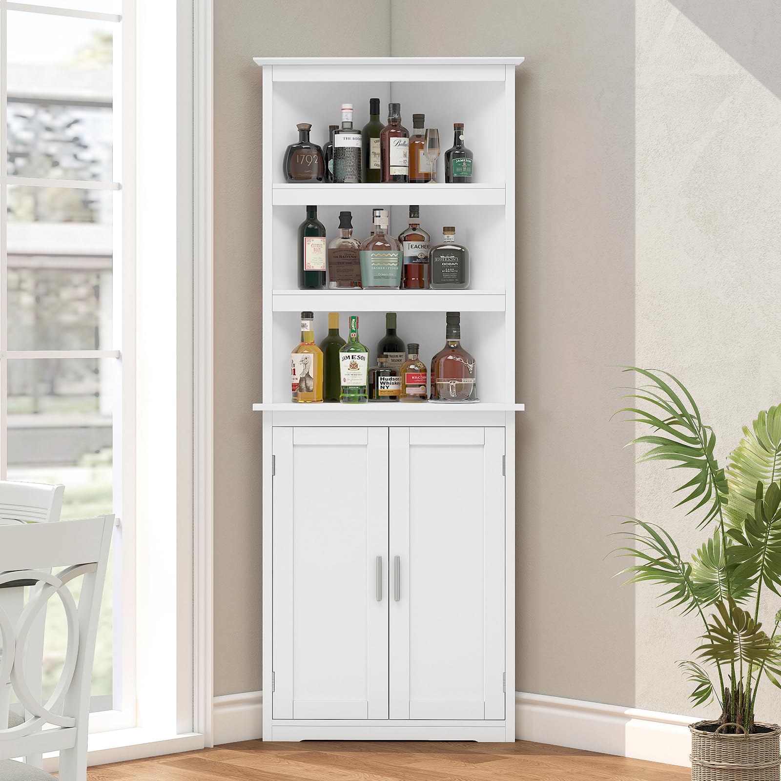 Tall Corner Cabinet with LED Lights, 5-Tier Bathroom Corner Cabinet,living room