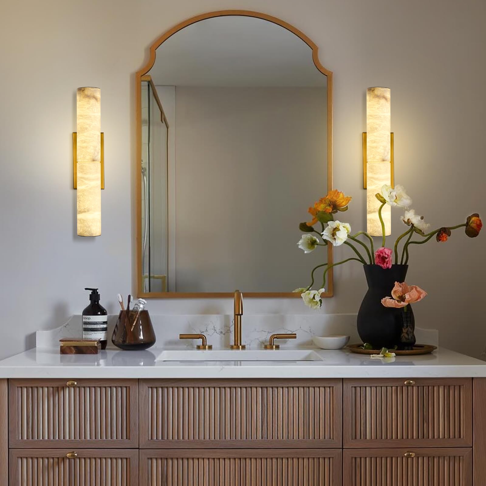 Brass Alabaster Wall Sconces, 20" Natural Marble Wall Sconce