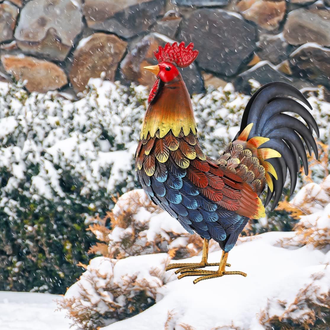 Rooster Decor Garden Statue Metal Chicken Yard Art Sculpture Outdoor Figurines