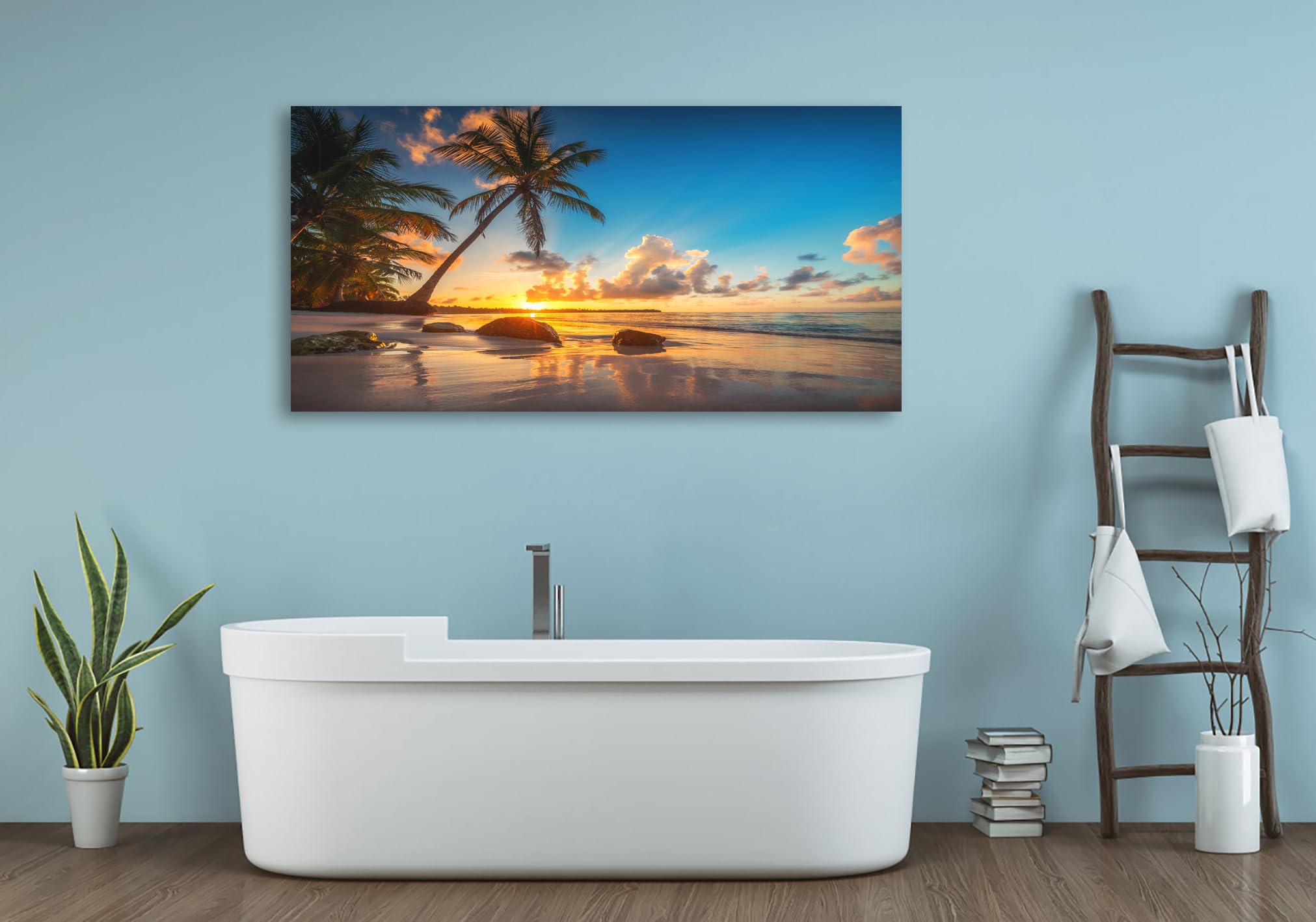 Wall Art Canvas Painting Sunset on a Tropical Beach with Palm Trees 1 Piece Blue