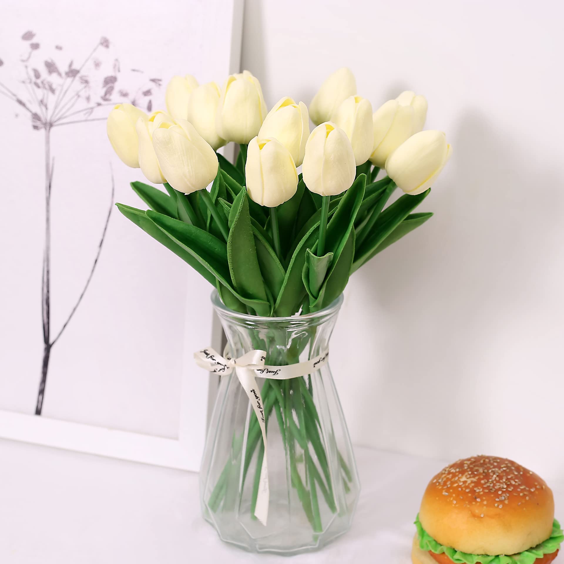 20PCS Realistic Faux Tulips with Bulbs Pink & White Artificial Flowers