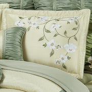 Luxurious Garden Walk Bedding | Sophisticated Polyester Faux Silk Quilted Magnolia Flower Embroidery | Vanilla Cream Sage | 4 Piece Set: Queen Oversized Comforter, 2 Standard Shams, Bedskirt