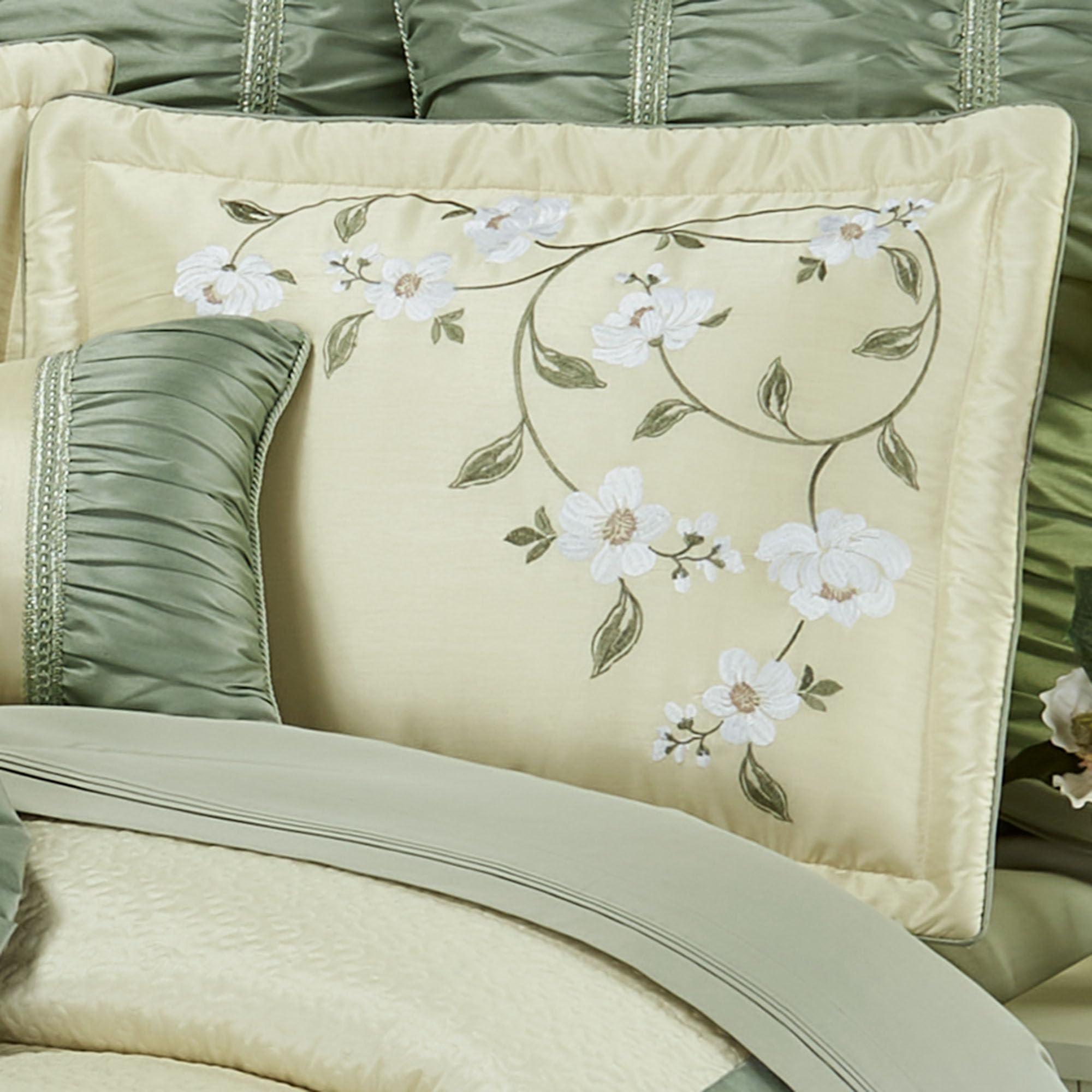 Luxurious Garden Walk Bedding | Sophisticated Polyester Faux Silk Quilted Magnolia Flower Embroidery | Vanilla Cream Sage | 4 Piece Set: Queen Oversized Comforter, 2 Standard Shams, Bedskirt