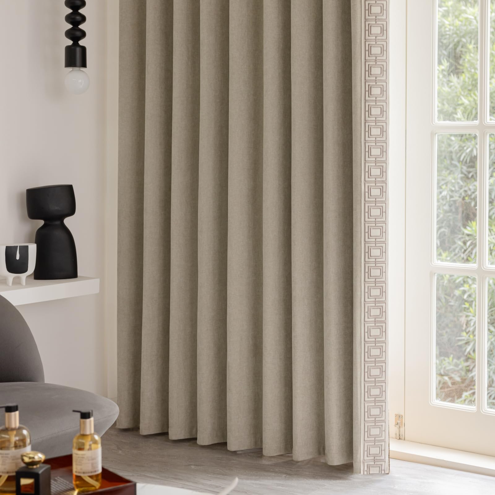 Light Beige Pinch Pleat Curtain Panels with Decorative Trim