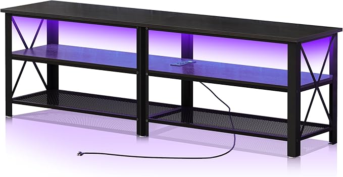 Modern Black 71 inch Metal TV Stand with LED Lights