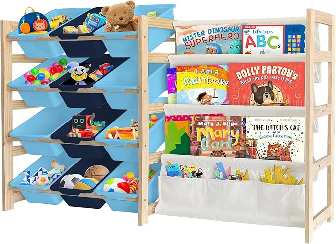 Toy Storage Organizer with Bookshelf - 12 Storage Bins 4-Tier Multipurpose Shelf