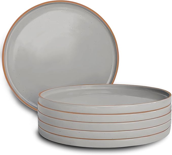 Ceramic Flat Dinner Plates Set of 6, 10.5 in High Edge Dish Set - Microwave