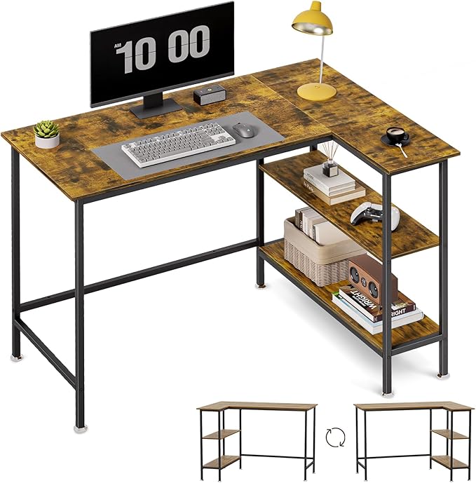 43" L Shaped Office Desk with Reversible Storage Shelves