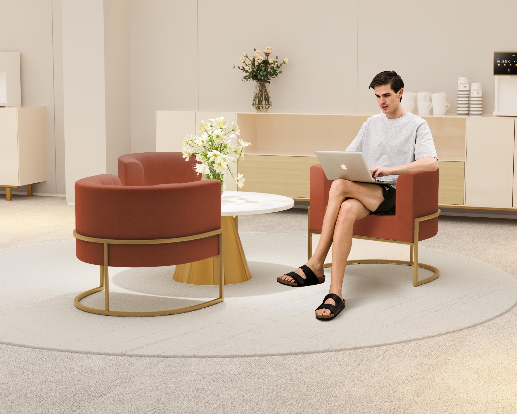 Velvet Accent Chair Burnt Orange Modern Comfy Upholstered Barrel Chair Padded Seat