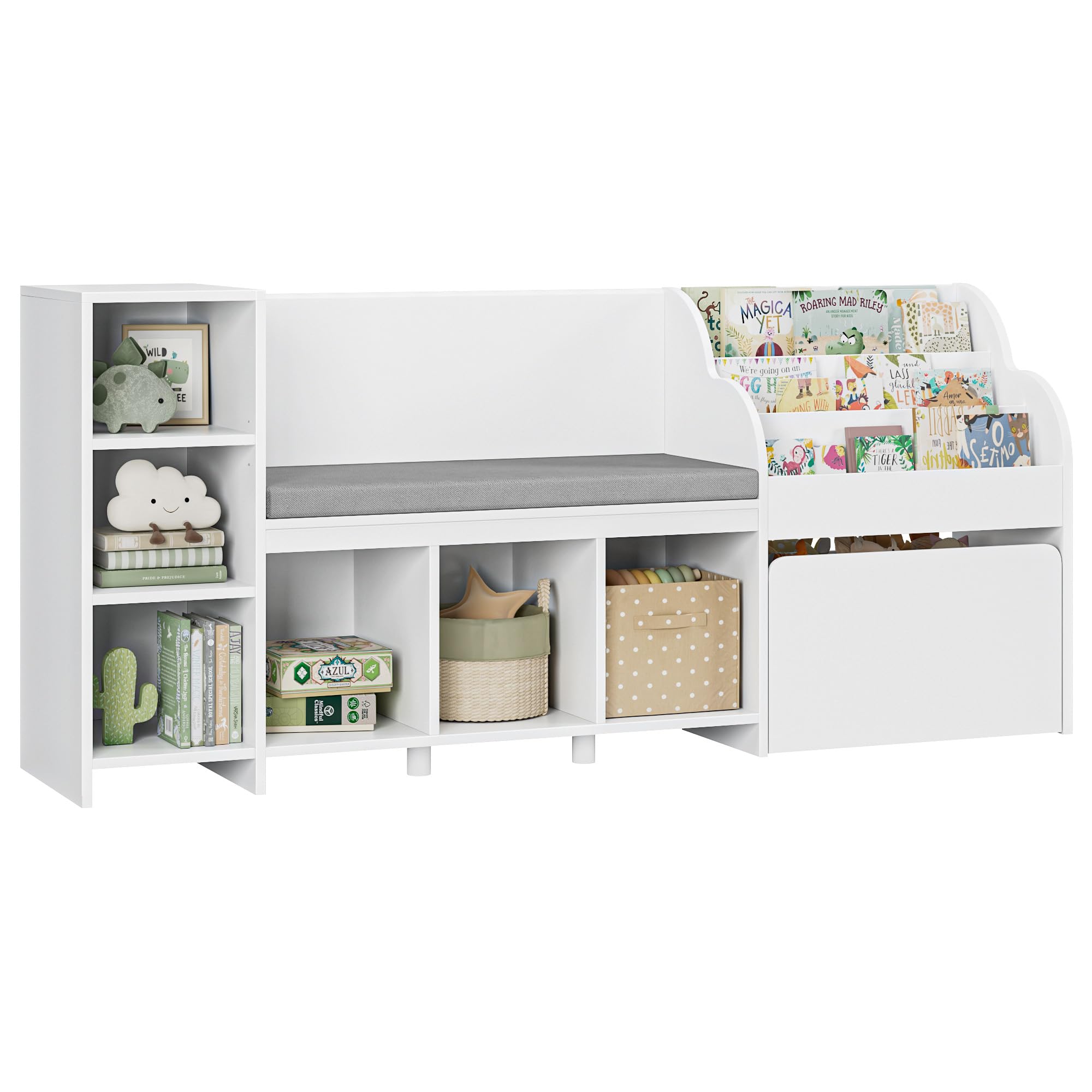 67" Kids Reading Nook with Bench, Kids Bookshelf and Bookcase