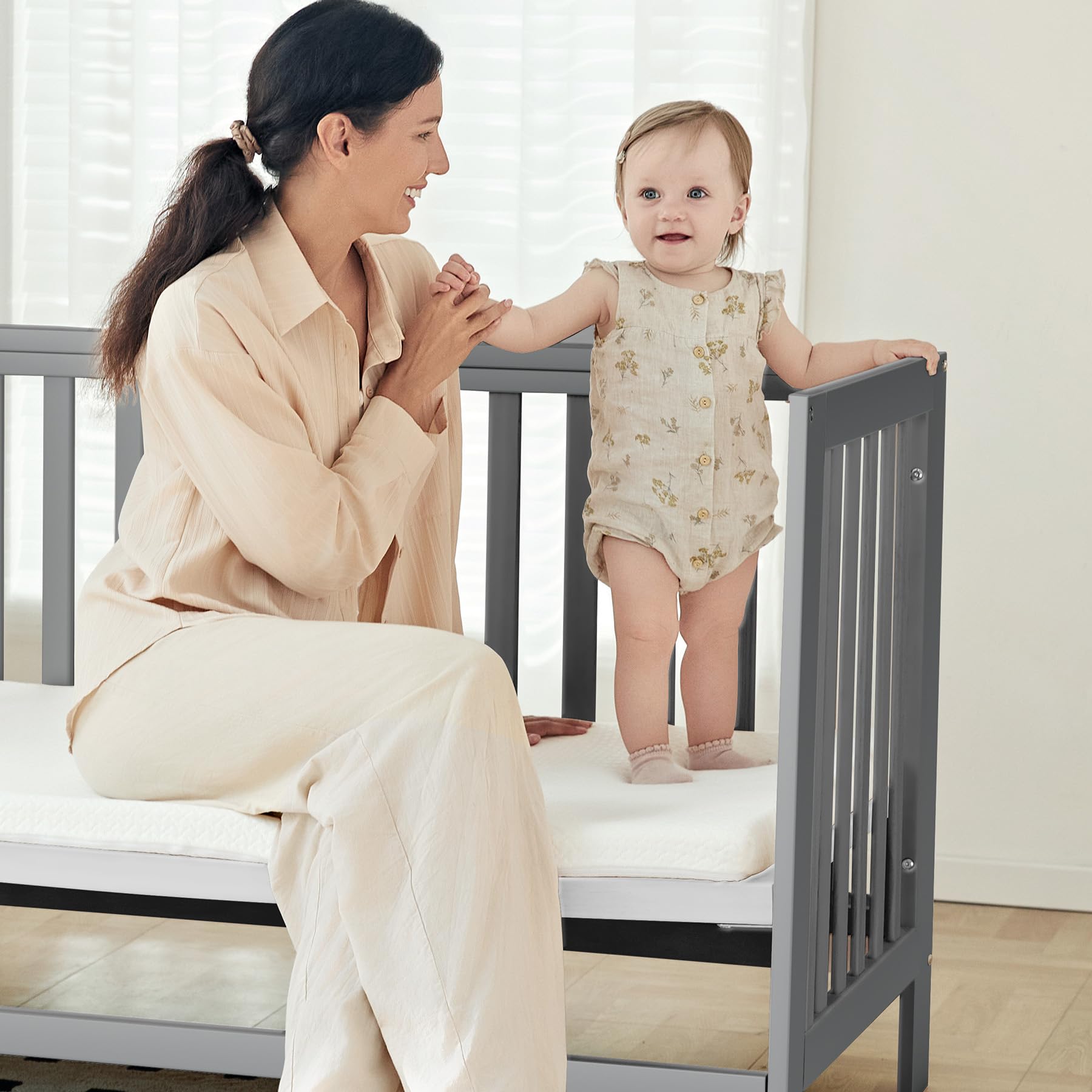 EvoNest Baby Crib, 11 in 1 Convertible Mini Crib with Wheels, 100% New Zealand Pinewood