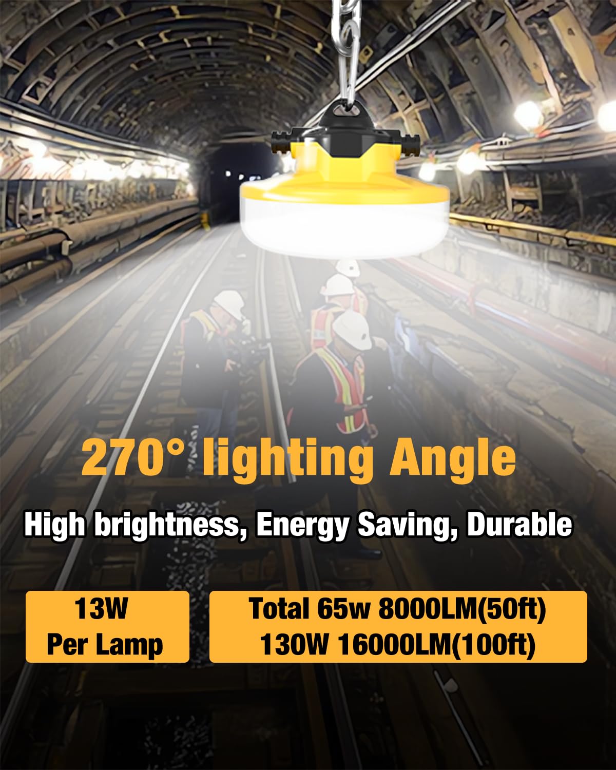 JC-LGL LED Construction String Light 100FT, 130W 16000Lm Industrial LED String Work Lights with 10 Bulbs, Linkable 5000K Super Bright Temporary Lighting for Construction Site, Job Site, Work Site