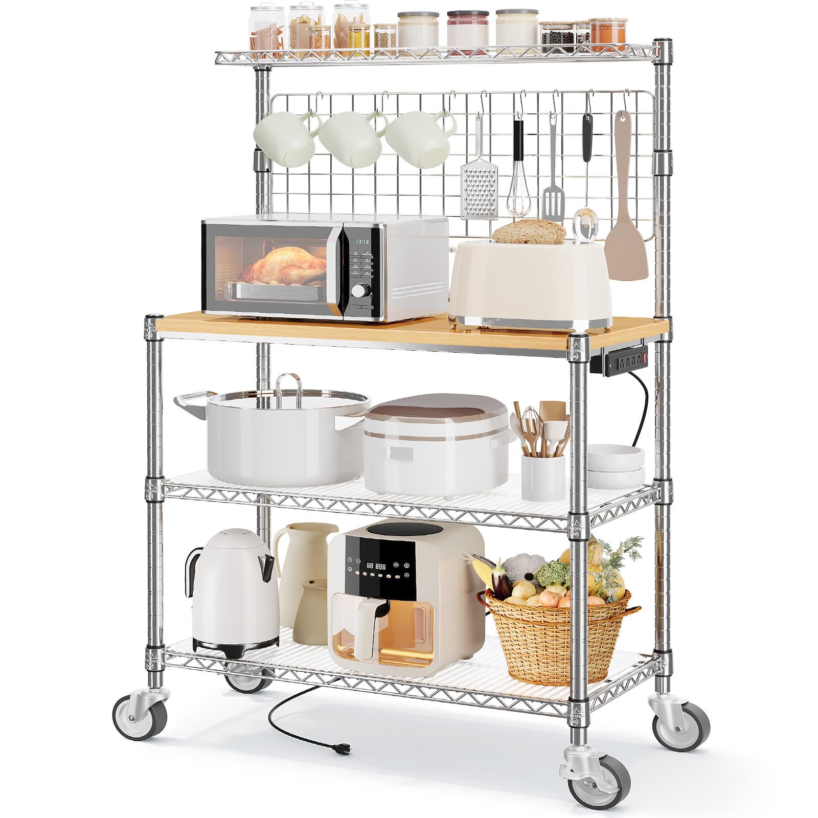 Bakers Rack with Power Outlet & Storage, 36 Inch Microwave Stand Kitchen Cart