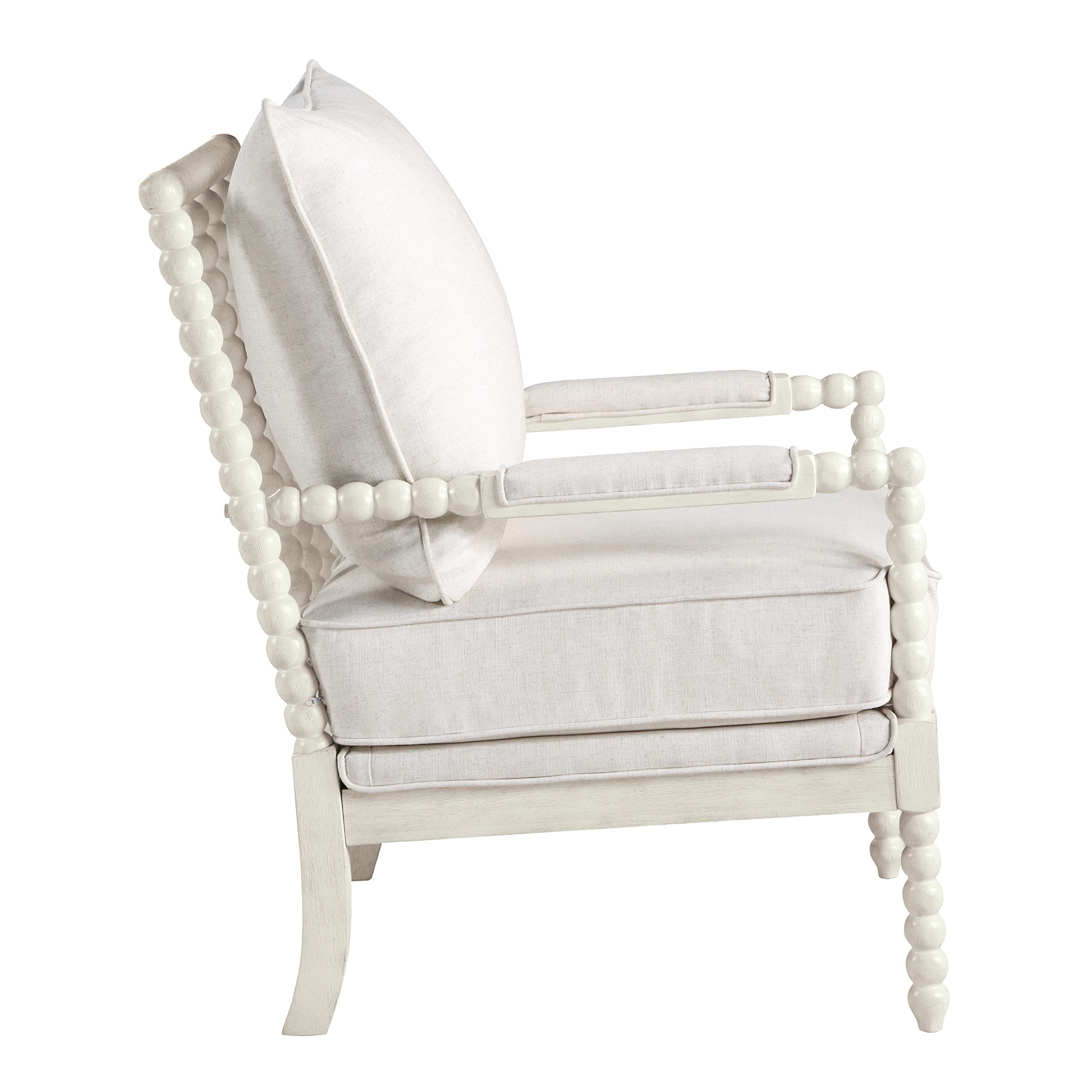 Kaylee Spindle Accent Chair with Antique White Wood Frame, White Linen Fabric