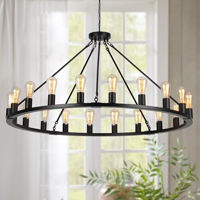 Wheel Chandelier, Black Farmhouse Chandeliers for Dining Room Light Fixture Over Table