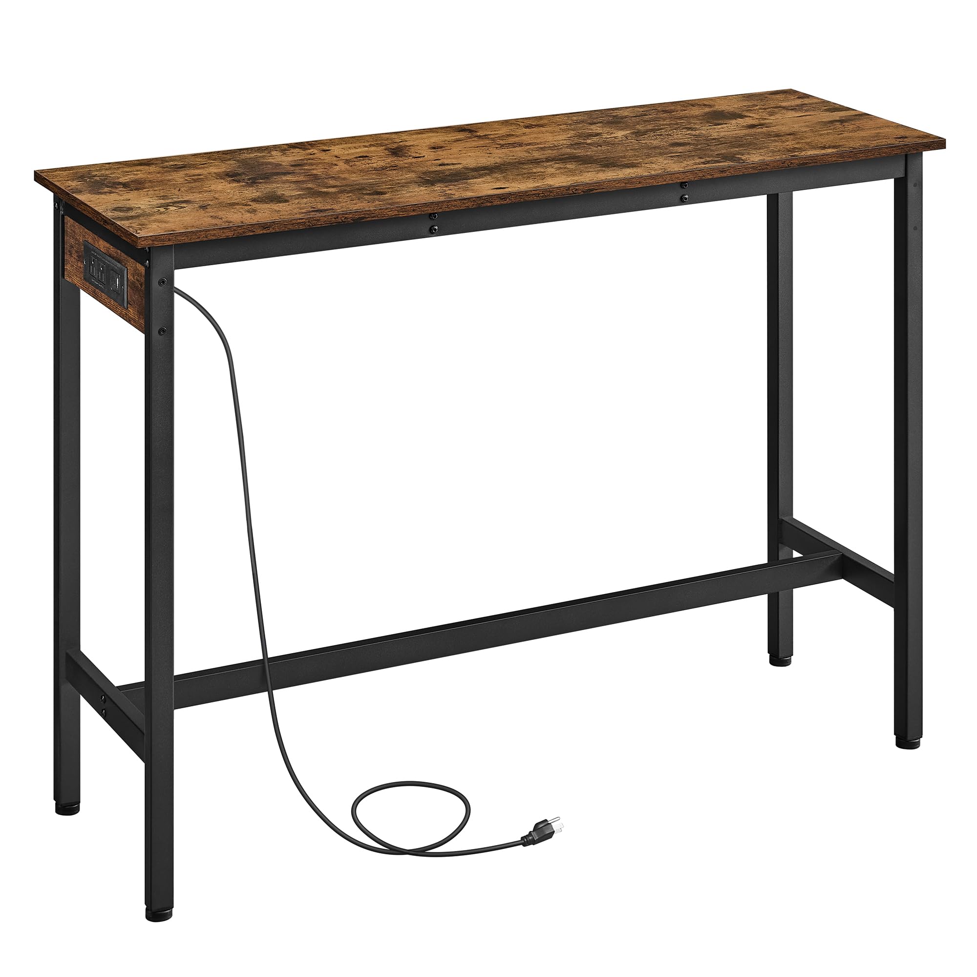 Bar Table, Narrow Long Kitchen Dining Table with Charging Station, Sturdy Metal Frame