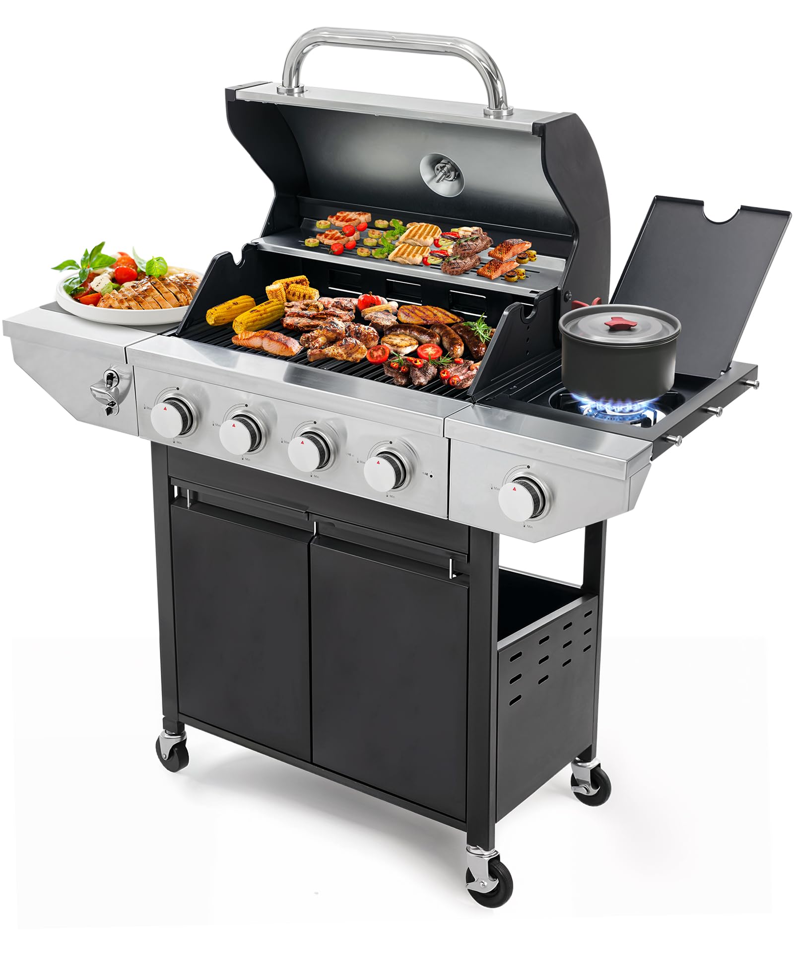 4 Burner Propane Gas Grill with Side Burner, Stainless Steel BBQ Grill 48,500 BTU