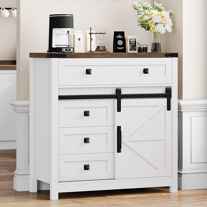 Farmhouse Storage Cabinet with Sliding Barn Door and 4 Drawers