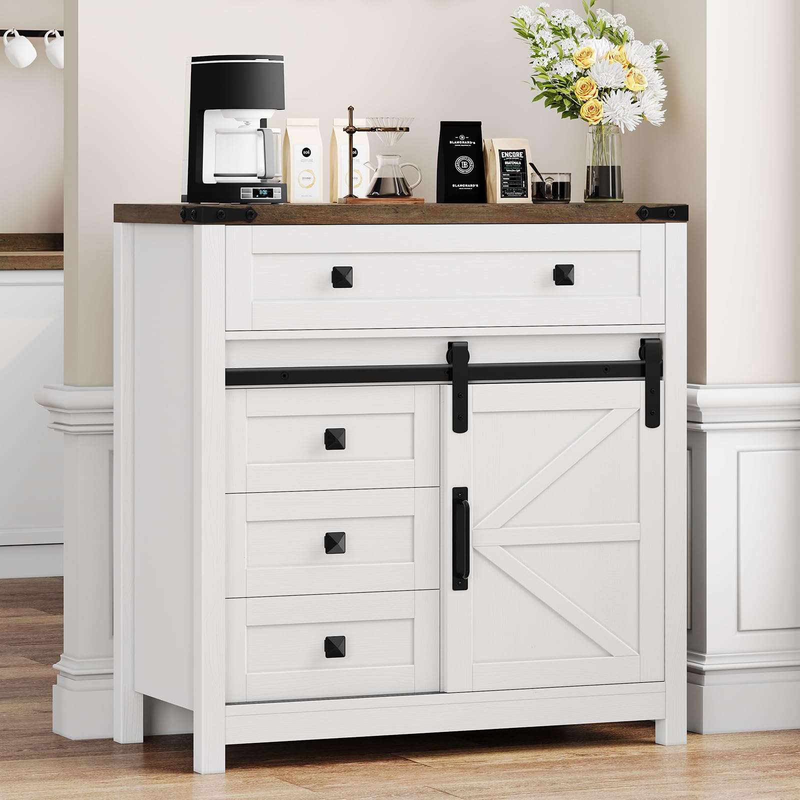 Farmhouse Storage Cabinet with Sliding Barn Door and 4 Drawers