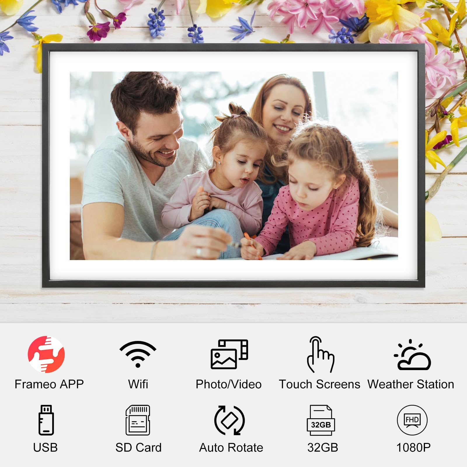 Frameo 15.6 Inch Large Digital Photo Frame, Digital Picture Frame WiFi with 32GB, 1920 * 1080 IPS HD Touch Screen, Tabletop&Wall-Mounted,Birthday,Wedding,Gifts for Men/Women/Father/Mom/Grandparents