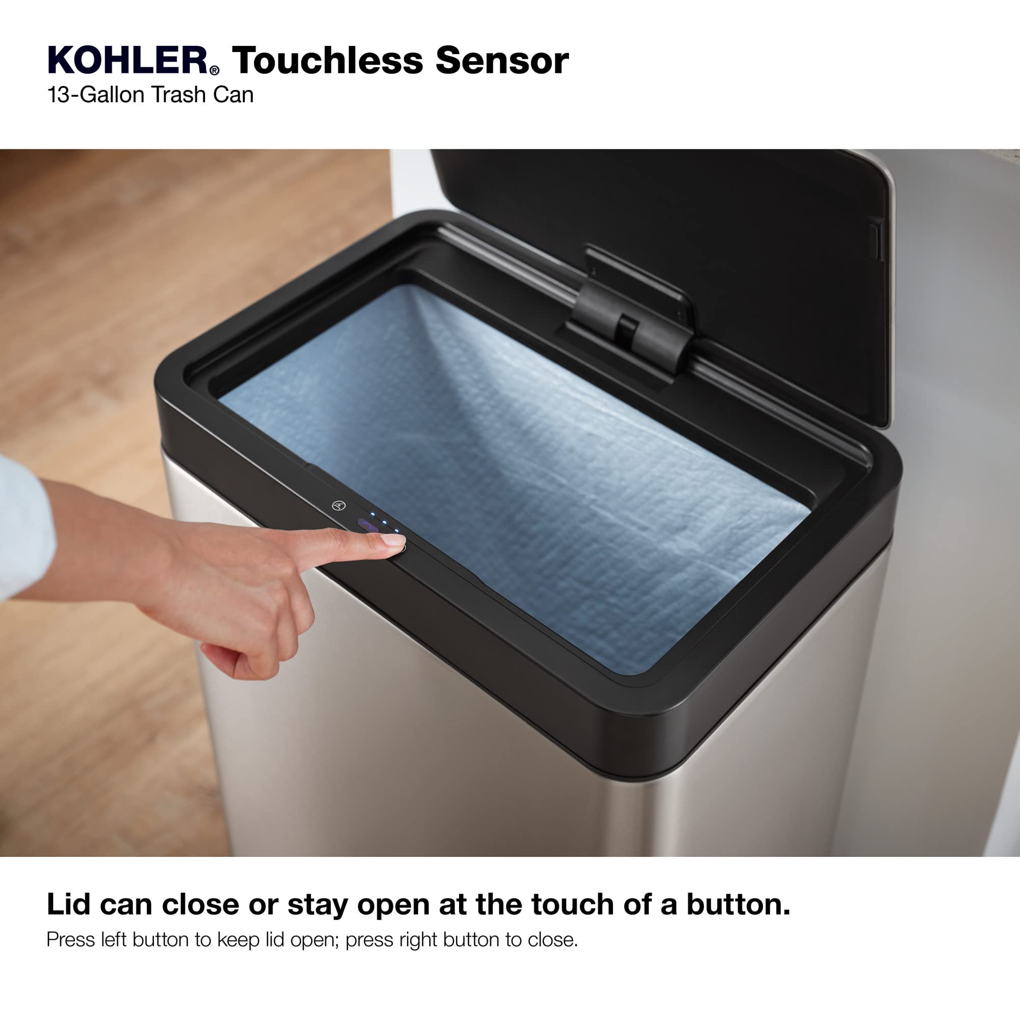 KOHLER 13-Gallon Touchless White Stainless Steel Trash Can, Hands-Free Motion Sensor Lid, Durable, Fingerprint-Resistant, Easy to Clean, K-23825-STW