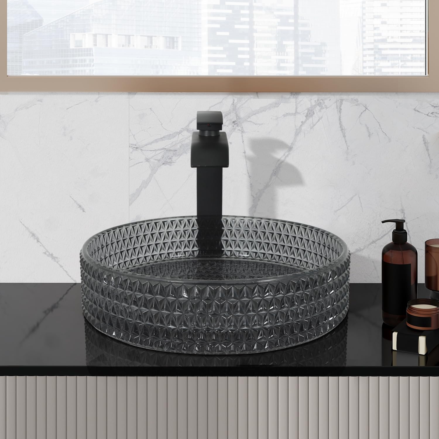 Diamond Shape Bathroom Crystal Glass Vessel Sink with Black Faucet and Pop-up Drain
