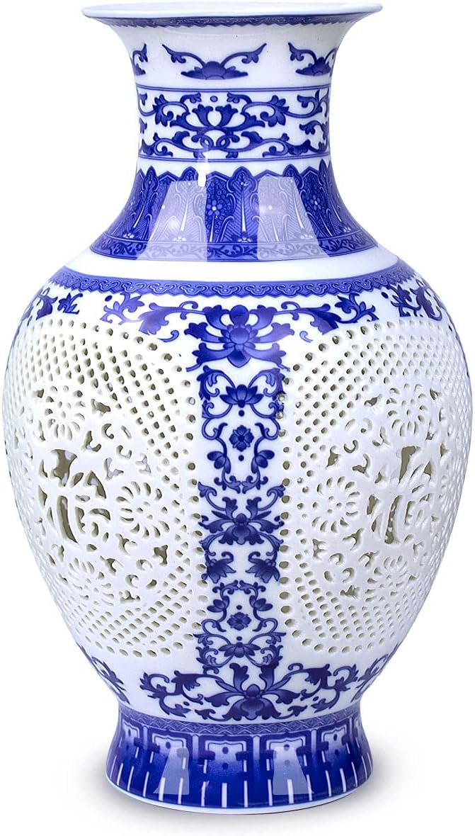 Blue and White Vase, Handmade Chinese Porcelain Flower Vase, Hollow Carved