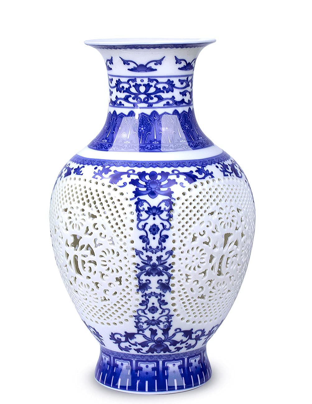 Blue and White Vase, Handmade Chinese Porcelain Flower Vase, Hollow Carved